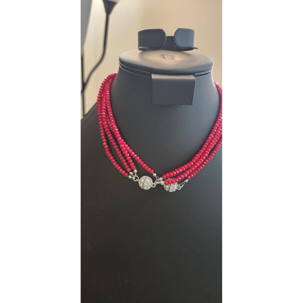 Red Multi Strand Beaded Necklace Magnetic Rhinestone Orb Clasp Layered Statement
